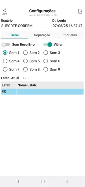 Tela de configurações do APP CorpEM com nove opções de som de erro e a opção de vibrar