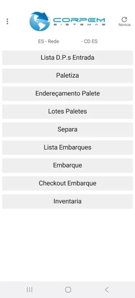 Menu principal do APP CorpEM com as rotinas de entrada, paletização, endereçamento, separação, embarque, checkout e inventário